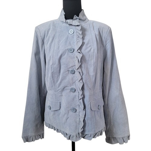 Vtg 90s Bradley Bayou Blue Suede 100% Leather Ruffle Trim Jacket Medium Western